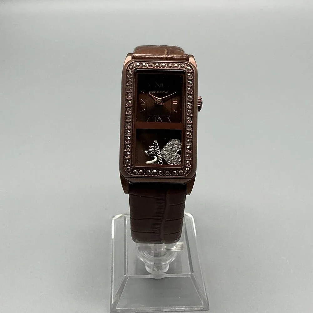 Origami Owl Womens Watch 24mm Chocolate Living Story Teller Crystals New Battery - Picture 2 of 15